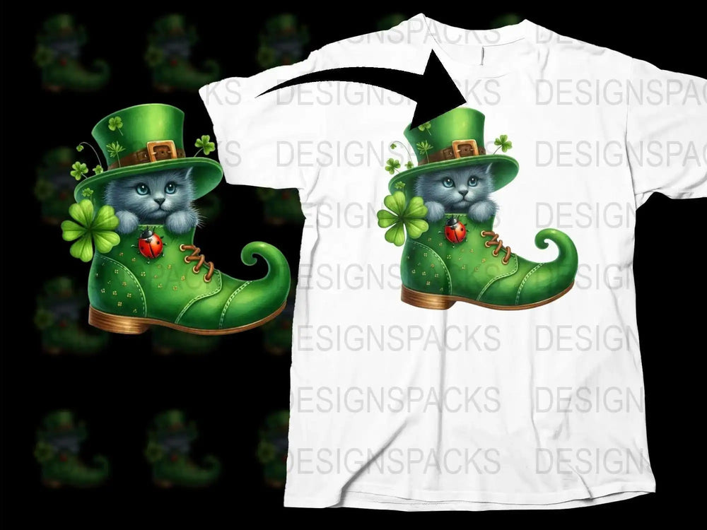 St. Patrick's Day Cat T-Shirt, Lucky Charm Green Hat, Cute Cat Graphic Tee, Irish Festival Clothing, Unisex Adult Sizes