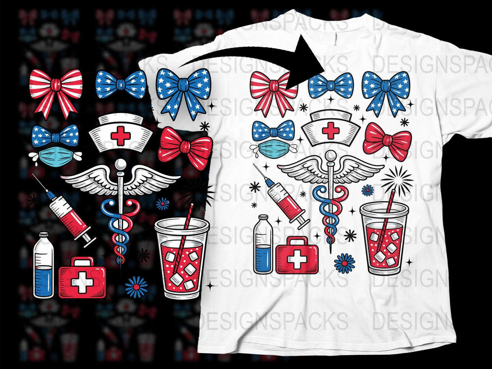 Nurse Appreciation T-Shirt, Medical Symbols, Red White Blue Bows, Caduceus, Syringe Graphic Tee, Unisex Gift for Healthcare Workers