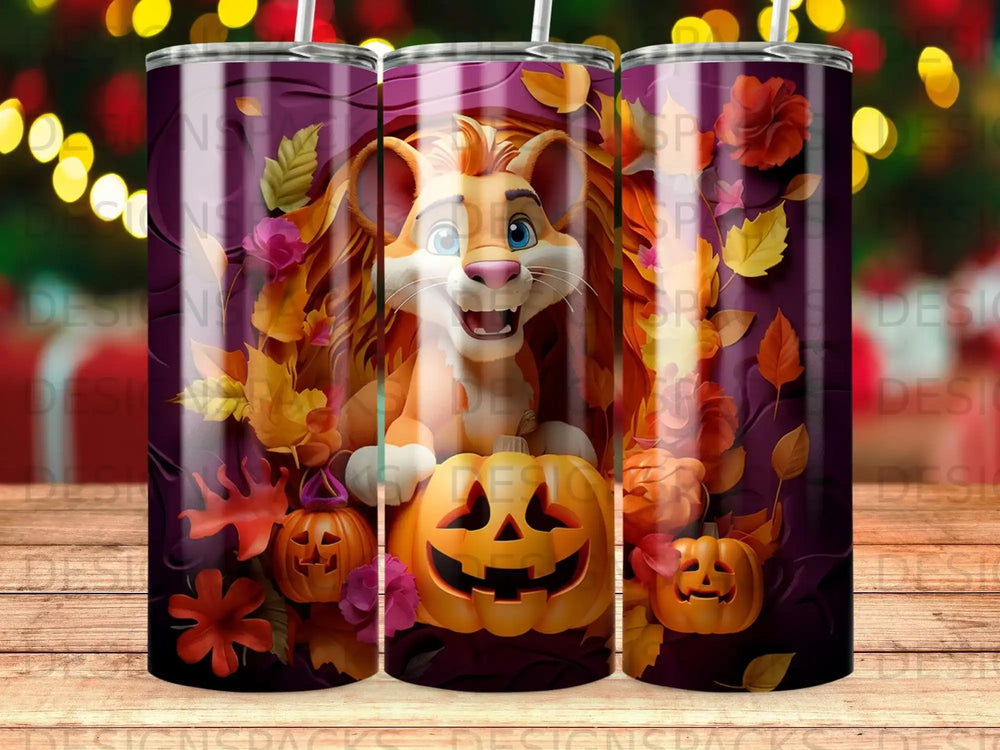 Lion peeking from behind a Halloween pumpkin, surrounded by autumn leaves.