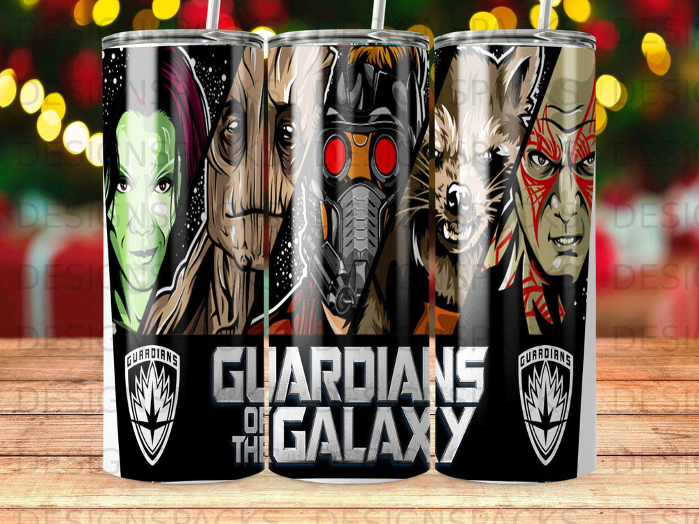 Guardians of the Galaxy characters Groot, Rocket, and Gamora on a tumbler.