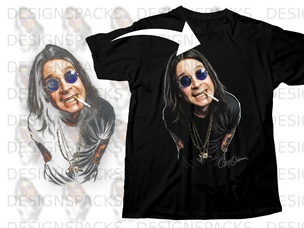 Black t-shirt with a caricature of Ozzy Osbourne wearing sunglasses and smoking.