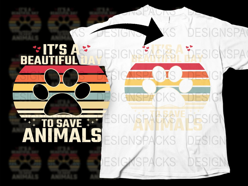 Animal Rescue T-Shirt, Colorful Retro Car and Paw Print, Unique Graphic Tee, It's a Beautiful Day to Save Animals