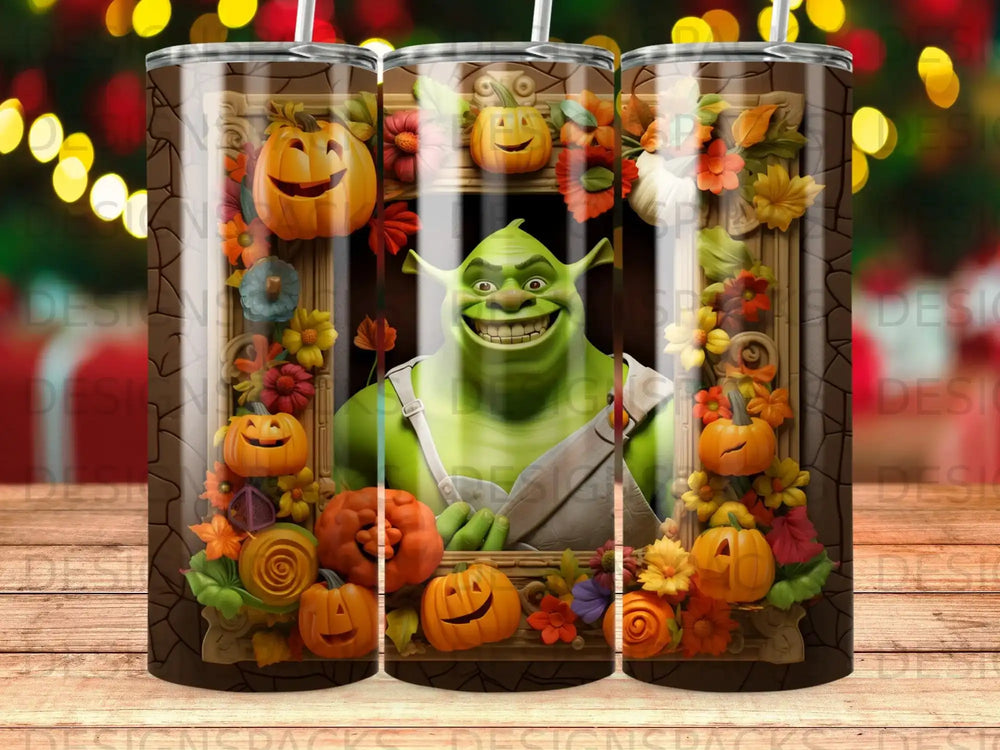 Shrek wearing overalls surrounded by pumpkins and fall flowers.