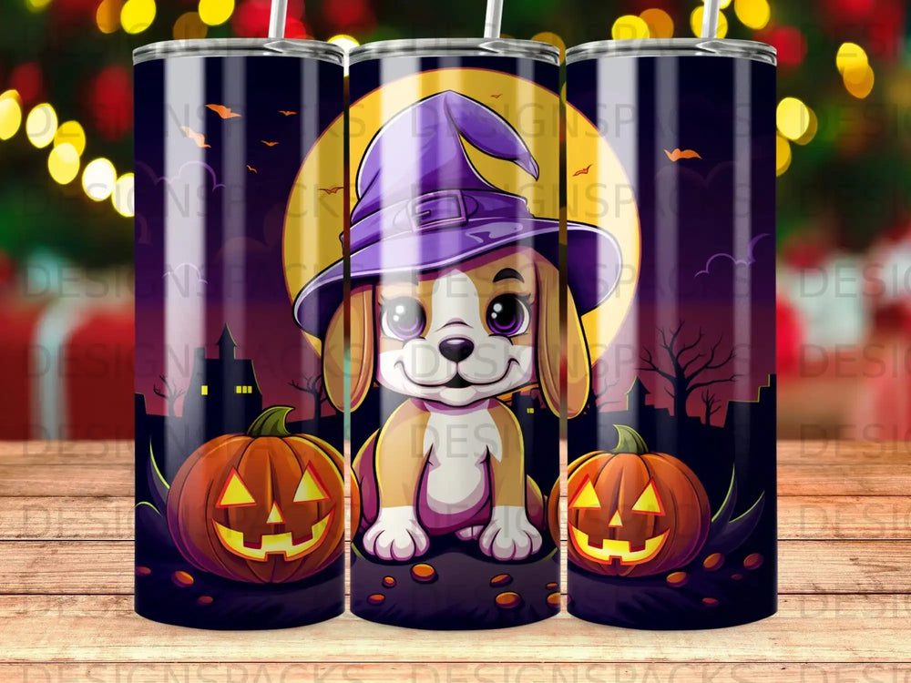Witch puppy wearing a hat with pumpkins under a full moon.