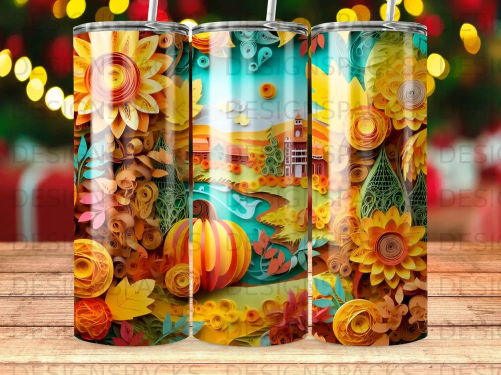 Autumn harvest themed tumbler with pumpkin, leaves, and sunflowers.