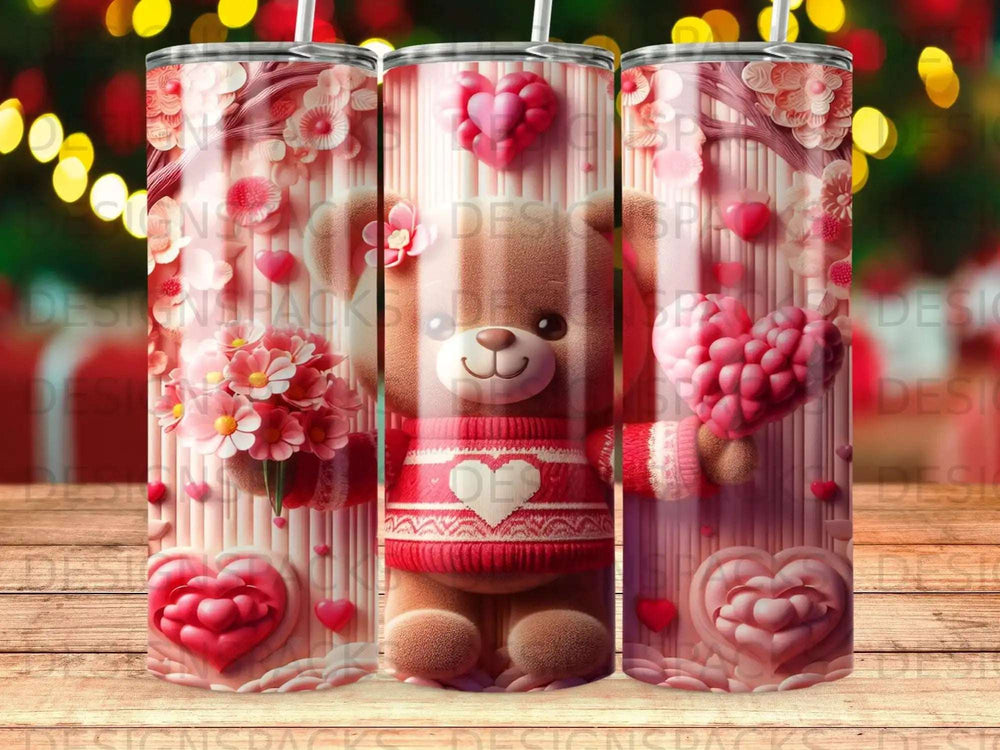 Three tumblers decorated with a teddy bear holding hearts, flowers, and pink stripes.