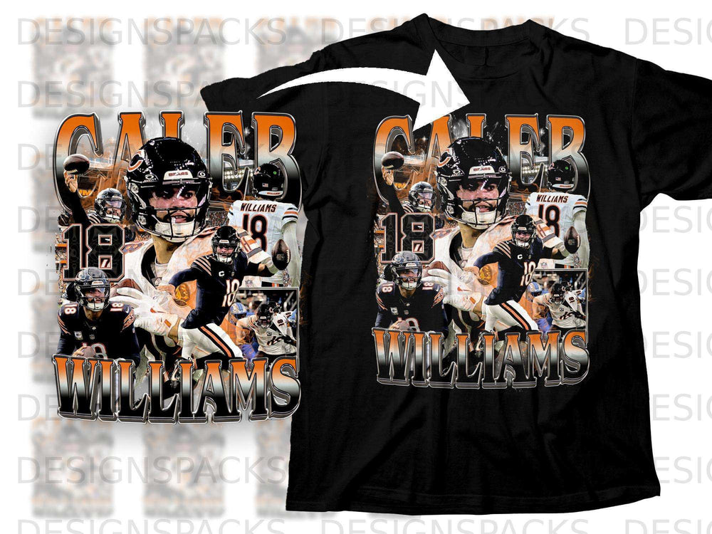 T-shirt featuring Caleb Williams in various Chicago Bears poses and uniform numbers.