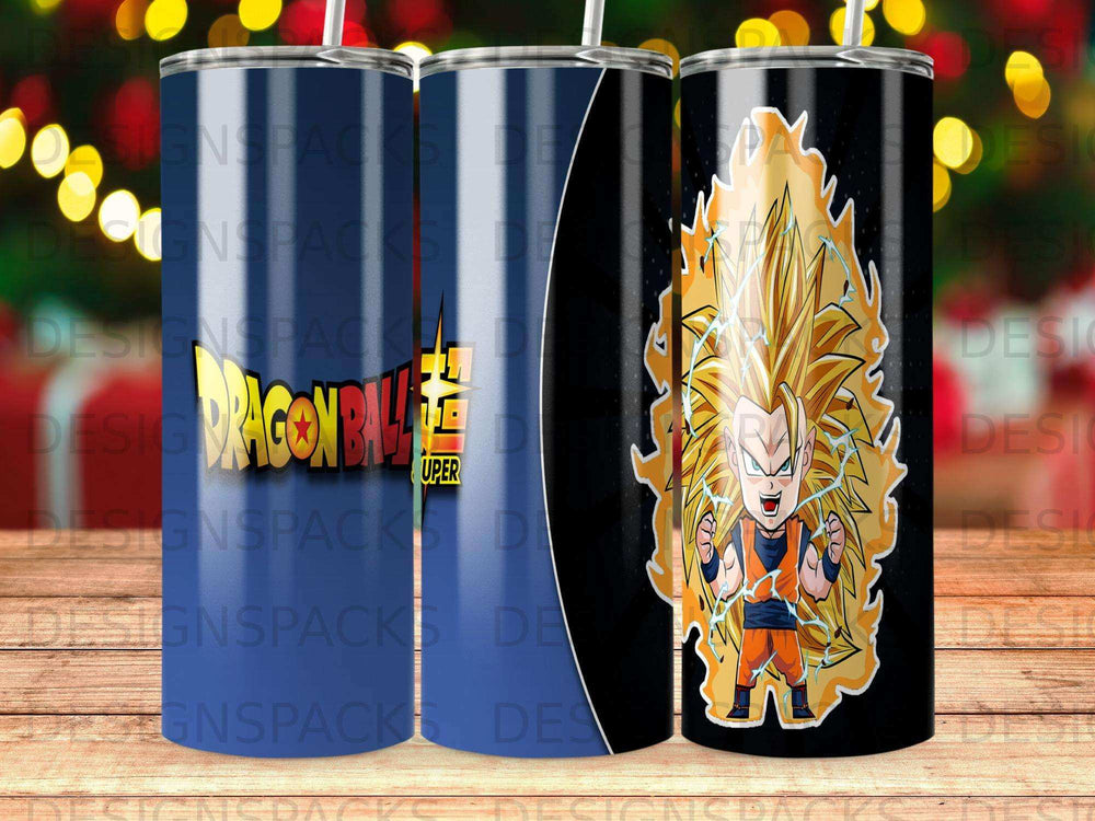 Dragon Ball Z Super Saiyan Goku on a tumbler with text overlay.