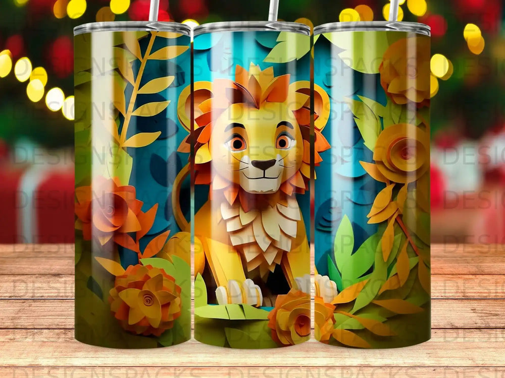 Paper cutout lion with leaves and flowers on a tumbler.