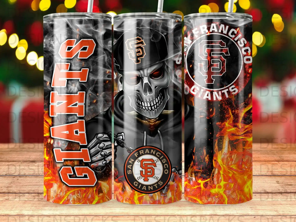 San Francisco Giants skull wearing hat with flames and team logo.