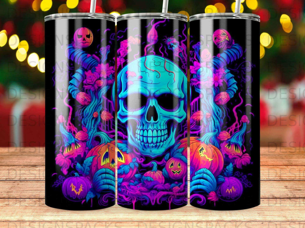 Halloween themed tumbler with skull, pumpkins, and swirling purple and blue designs.