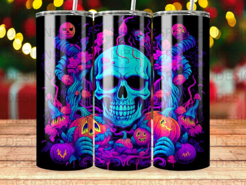 Halloween themed tumbler with skull, pumpkins, and swirling purple and blue designs.