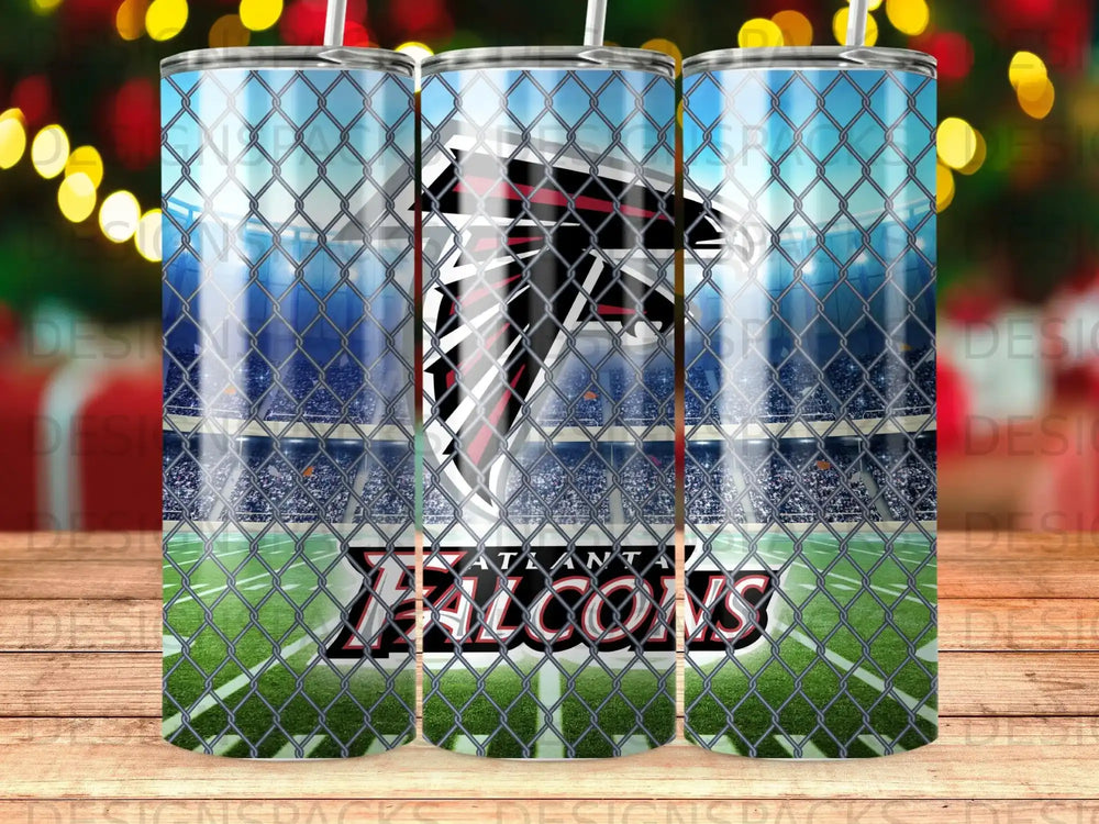 Atlanta Falcons logo on a tumbler with a stadium background.