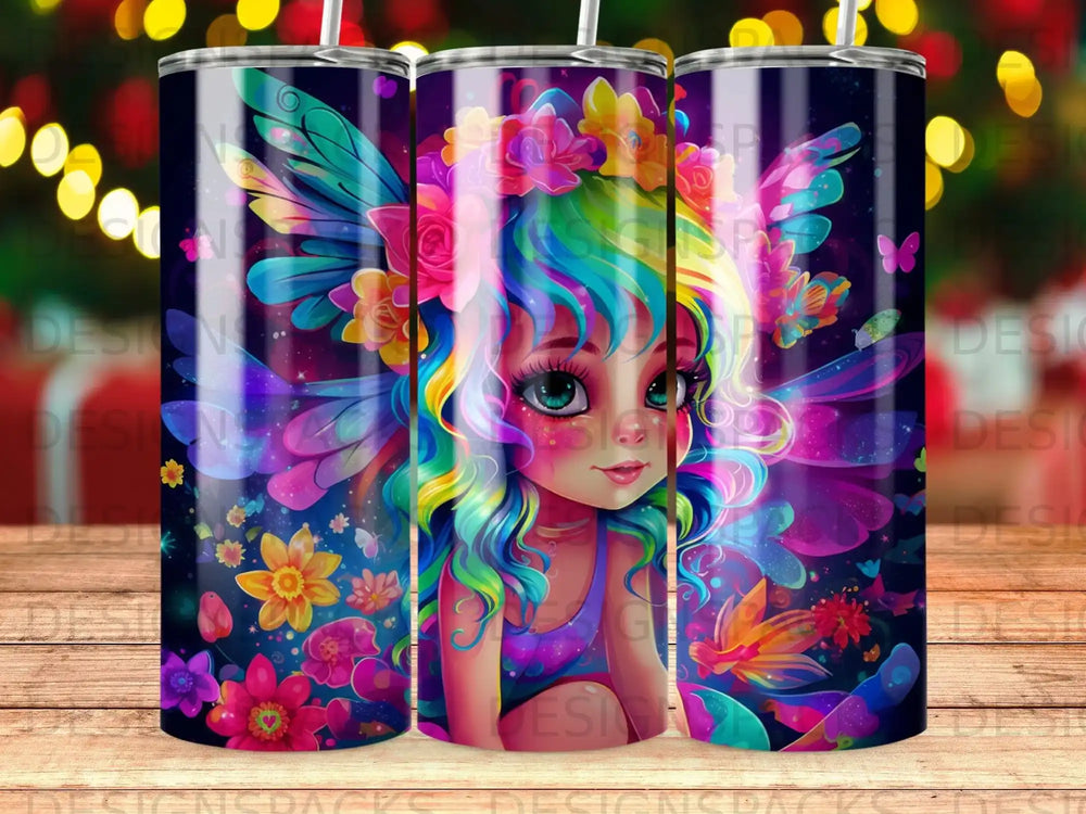 Whimsical fairy with colorful hair and wings, surrounded by flowers and bokeh lights.