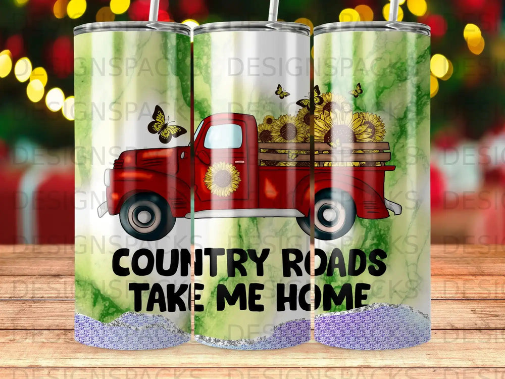 Red truck with sunflowers and "Country Roads Take Me Home" text.