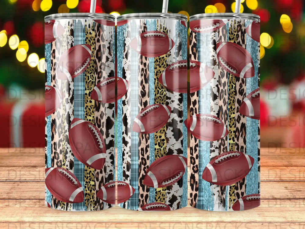 Tumbling footballs on a striped and leopard print background.