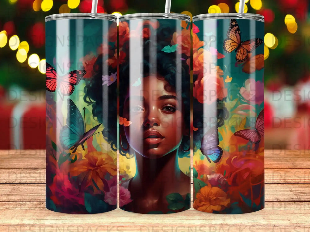 Woman with butterflies and flowers, vibrant floral background, detailed digital art.