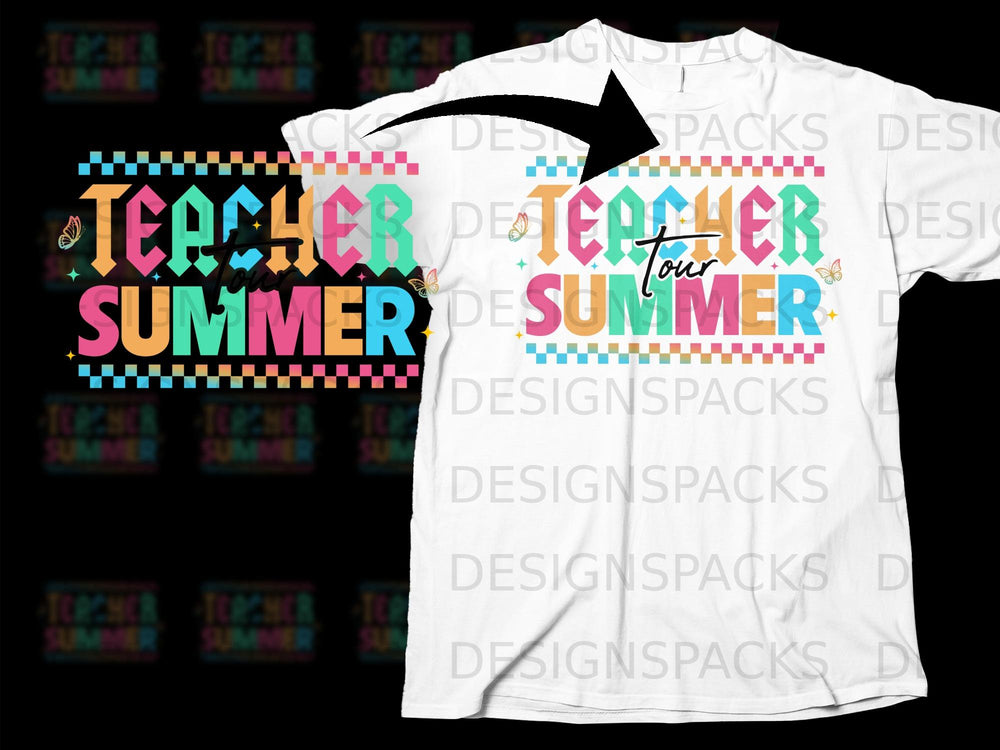 Teacher Summer Tour graphic on a white t-shirt.