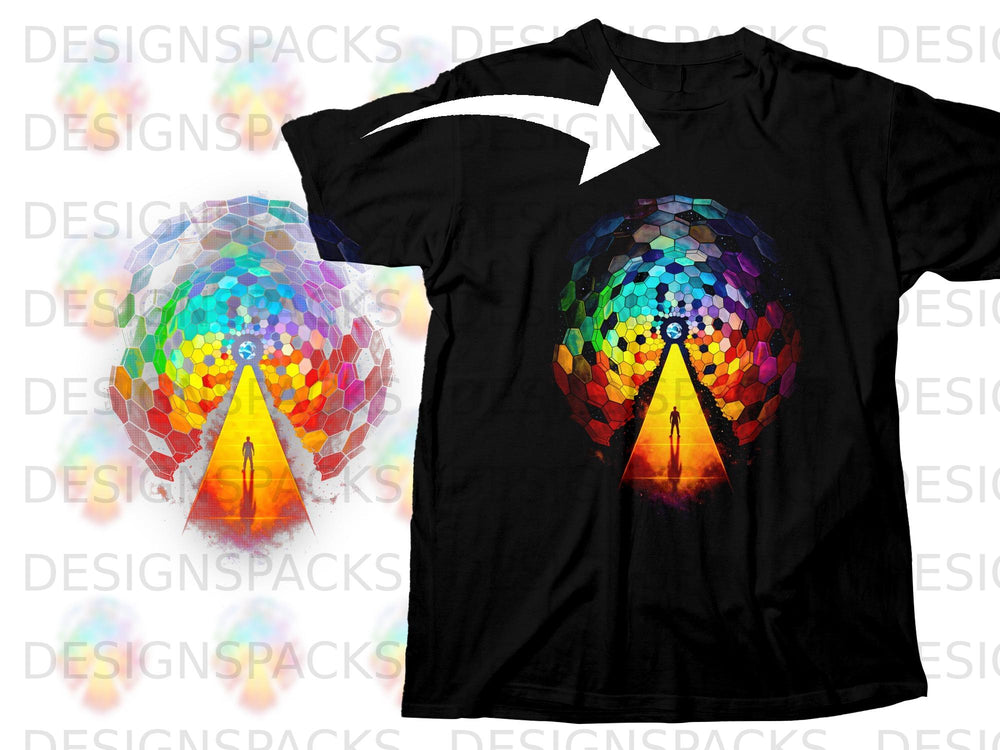 Black t-shirt with a multicolored geometric sphere and silhouetted figure.