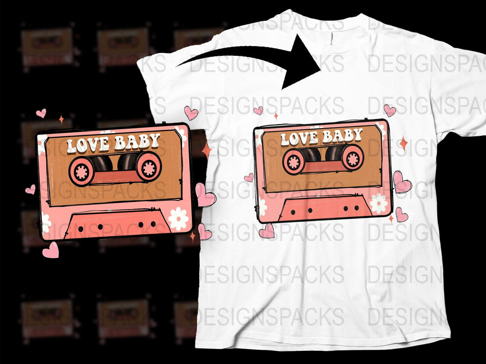 Love Baby Cassette Tape Graphic T-Shirt, Vintage Music Tee, Retro Style Shirt with Hearts and Flowers, Unisex Fashion Top