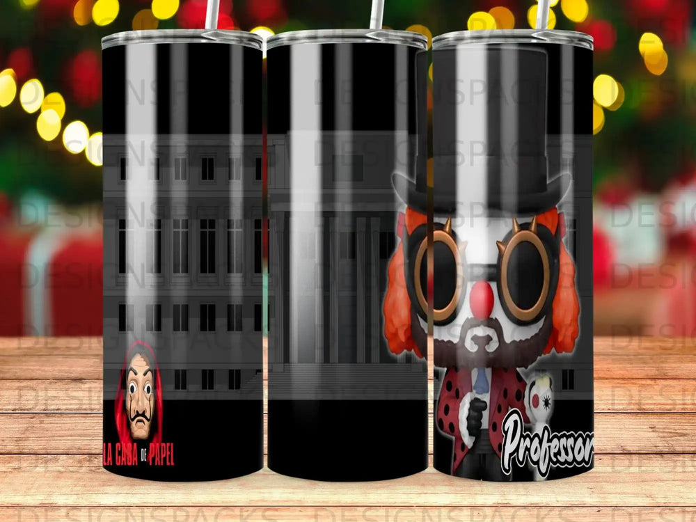 Professor Dali mask tumbler with a red and white striped background.
