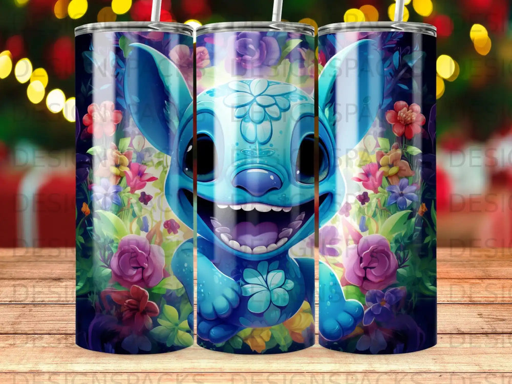 Blue Stitch character with wide smile, surrounded by colorful flowers and leaves.