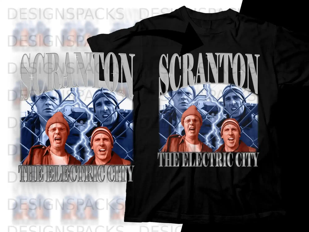 T-shirt graphic featuring the cast of The Office with "Scranton The Electric City" text.