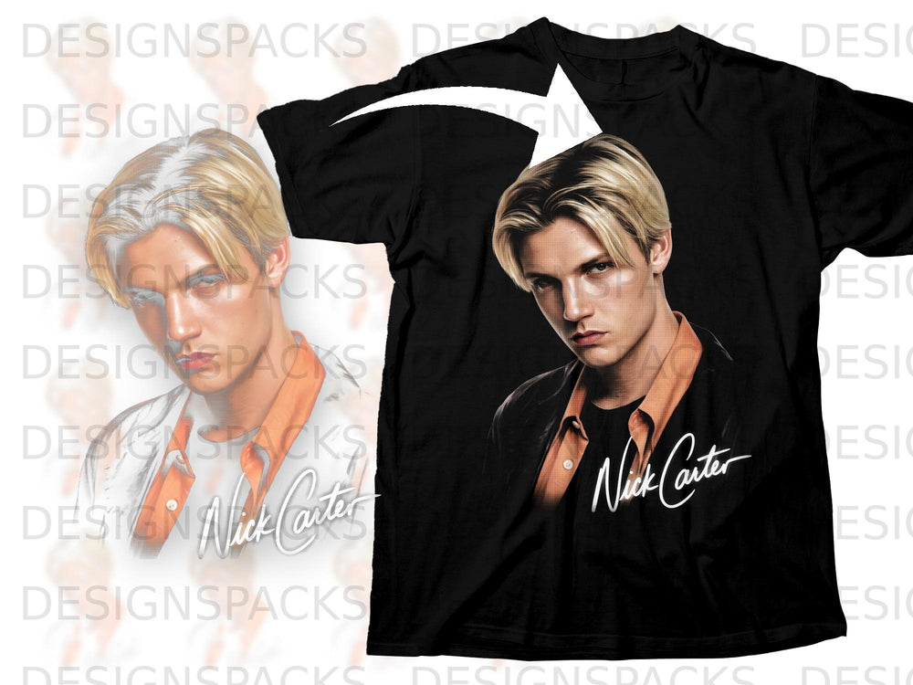 Black t-shirt with a portrait of Nick Carter and his signature.