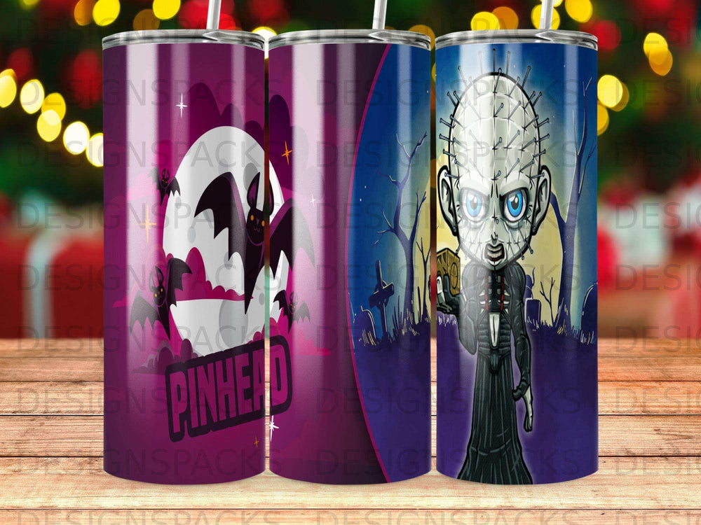Pinhead character on a purple tumbler with bats and spooky graveyard scene.