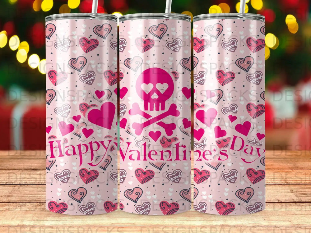 Pink tumbler with hearts, skulls, and "Happy Valentine's Day" text.