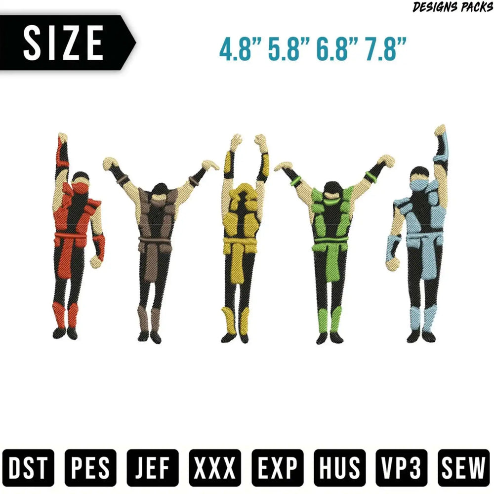 Five Mortal Kombat characters with arms raised in various colored outfits.