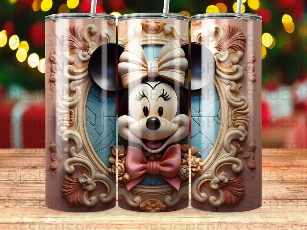 Minnie Mouse in ornate frame with pink bow and bow tie.
