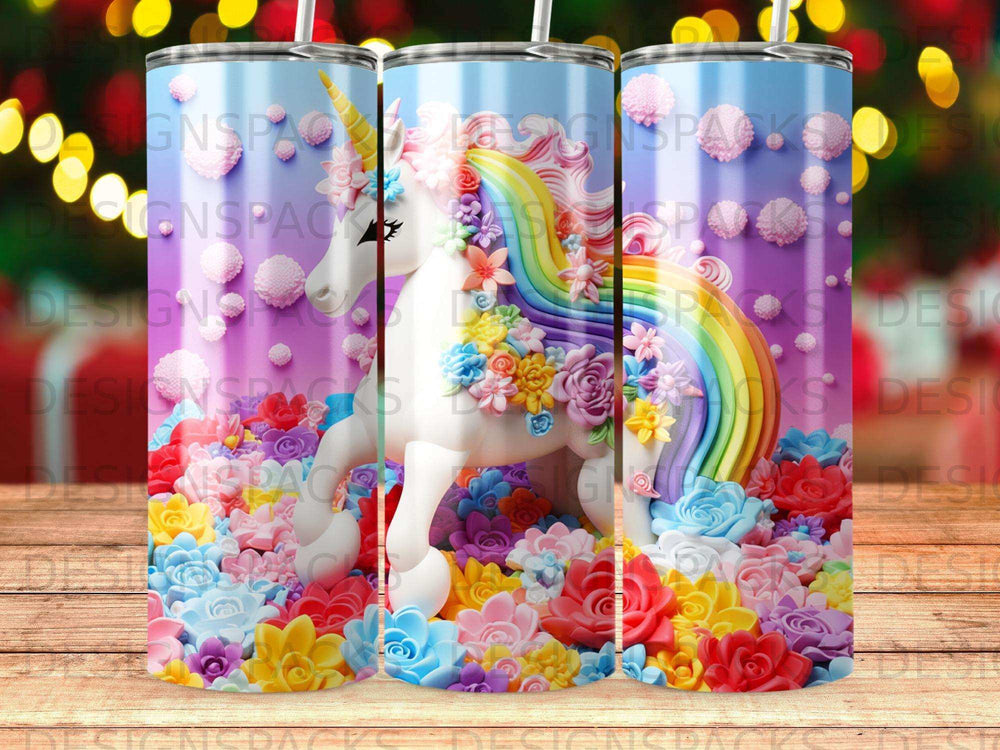 A whimsical unicorn with a rainbow mane stands amidst colorful, oversized flowers.