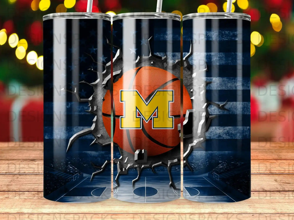 University of Michigan basketball logo on a US flag background with basketball court.