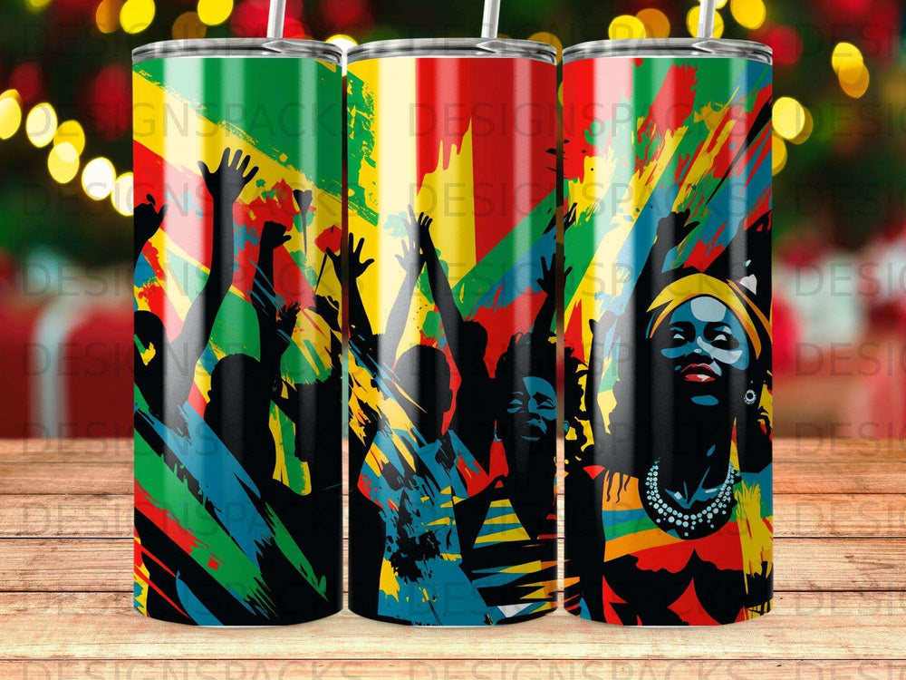 Three tumblers featuring colorful, abstract silhouettes of cheering people with hands raised.