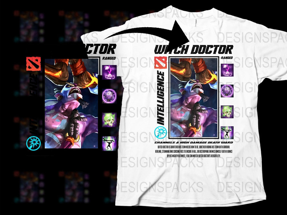 Unique Witch Doctor Graphic T-Shirt, Dota 2 Inspired Gaming Apparel, Colorful Hero Design, Unisex Tee