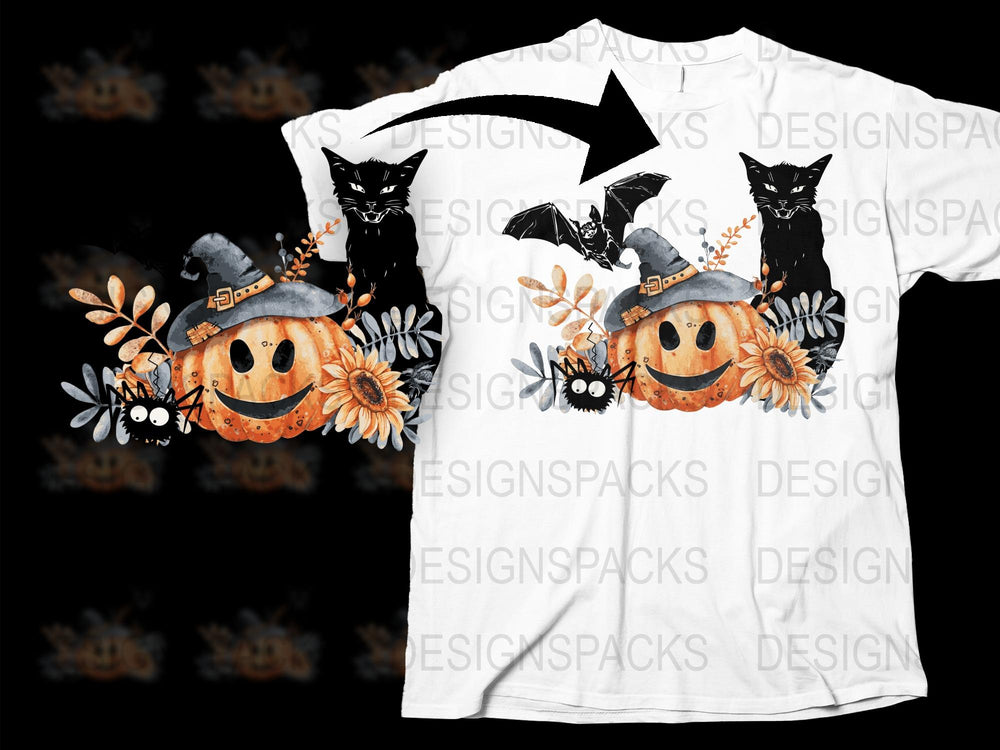 Halloween Pumpkin Cat T-Shirt, Spooky Witch Hat Black Cats, Fall Season Tee, Adult Unisex Halloween Apparel