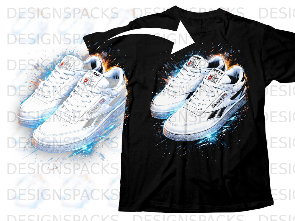 Black t-shirt with graphic of two white Reebok sneakers and abstract splashes.