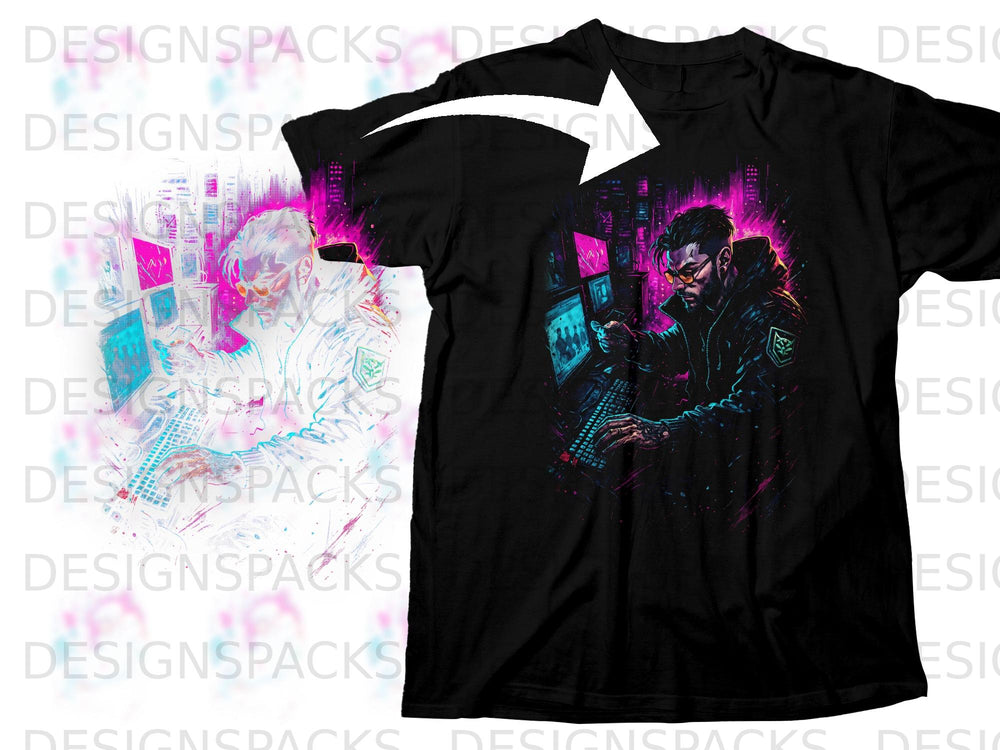 Black t-shirt with cyberpunk hacker graphic featuring man at computers.