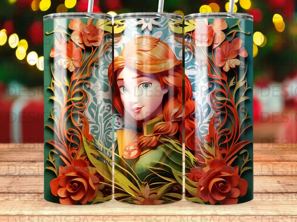 Anna from Frozen with floral accents on a green tumbler.