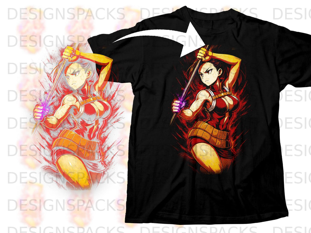 Black t-shirt featuring anime character Momo Yaoyorozu holding a staff with glowing energy.