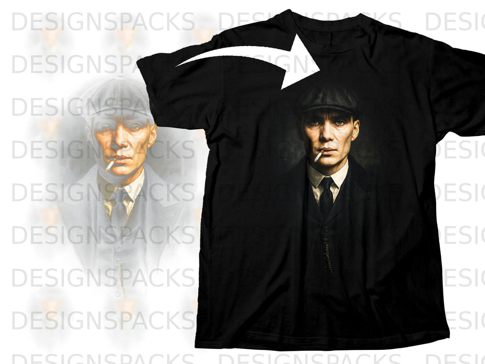 Black t-shirt with print of a man in a cap and suit, smoking a cigarette.