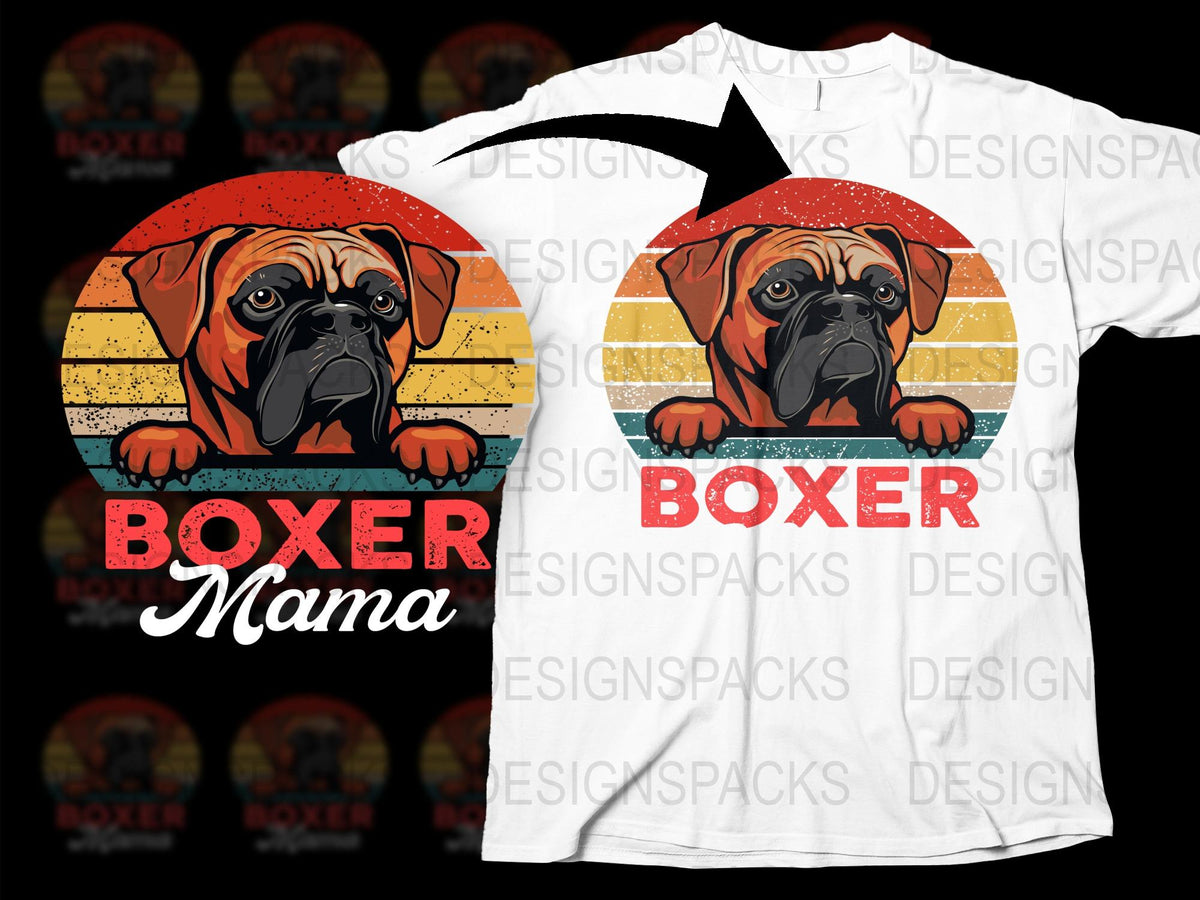 Boxer Mama T-Shirt Vintage Retro Dog Lover Gift, Colorful Boxer Portrait Tee, Pet Owner Casual Wear, Unisex Boxer Dog Shirt