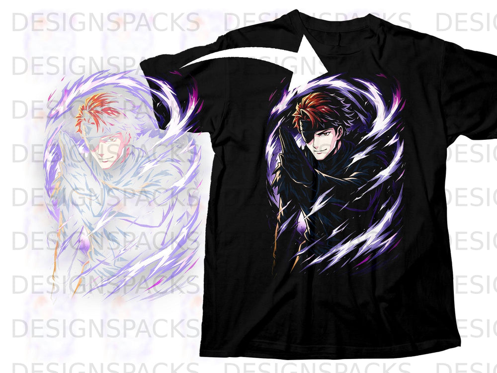 Anime character with red hair and an eyepatch on a black t-shirt.