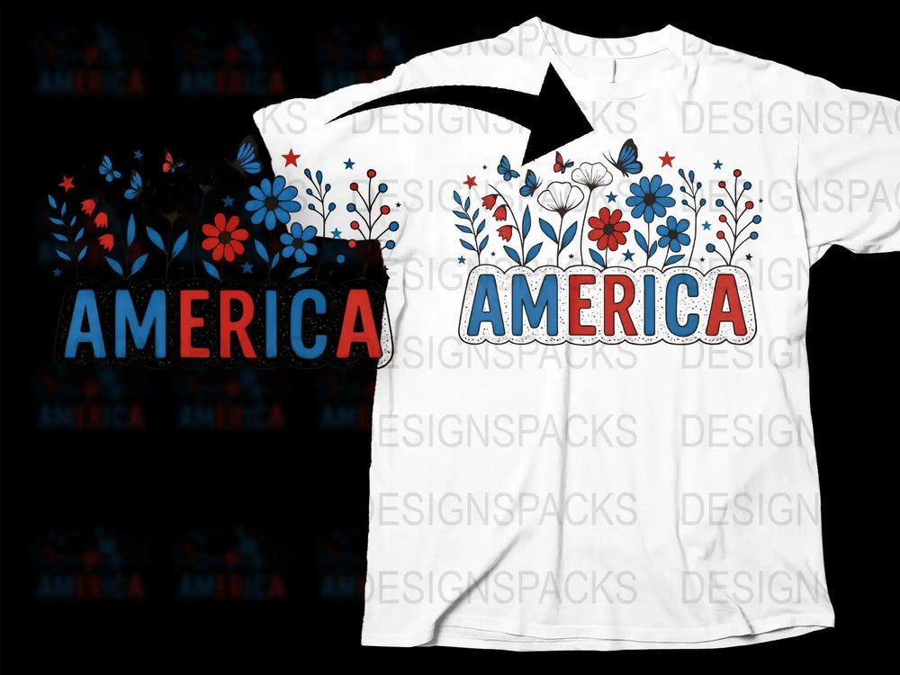 Patriotic America T-Shirt with Floral Design, Red White Blue Flowers, Unisex Graphic Tee