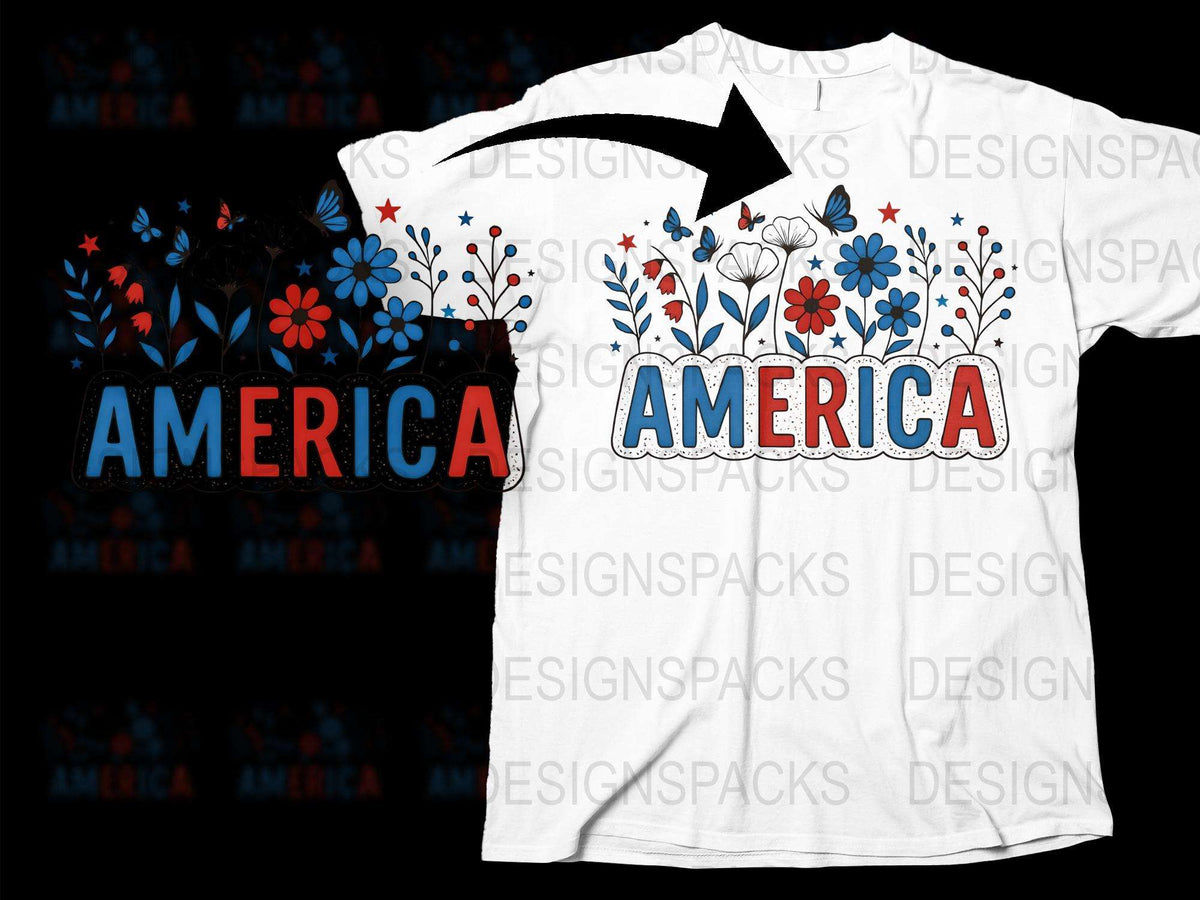 Patriotic America T-Shirt with Floral Design, Red White Blue Flowers, Unisex Graphic Tee