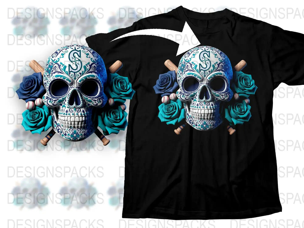Blue Floral Sugar Skull T-Shirt, Mexican Day of the Dead Tee, Unisex Black Cotton Shirt, Gothic Fashion Top, Unique Gift Idea