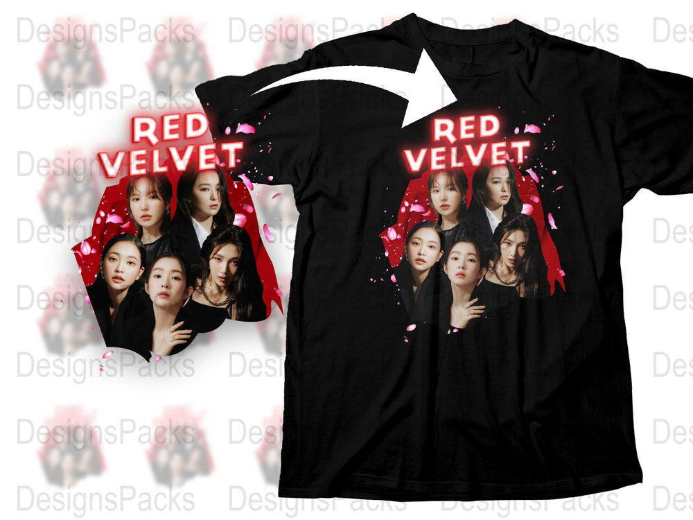 Red Velvet Band T-Shirt, K-Pop Music Fan Merch, Black Cotton Tee with Group Photo Graphic Design