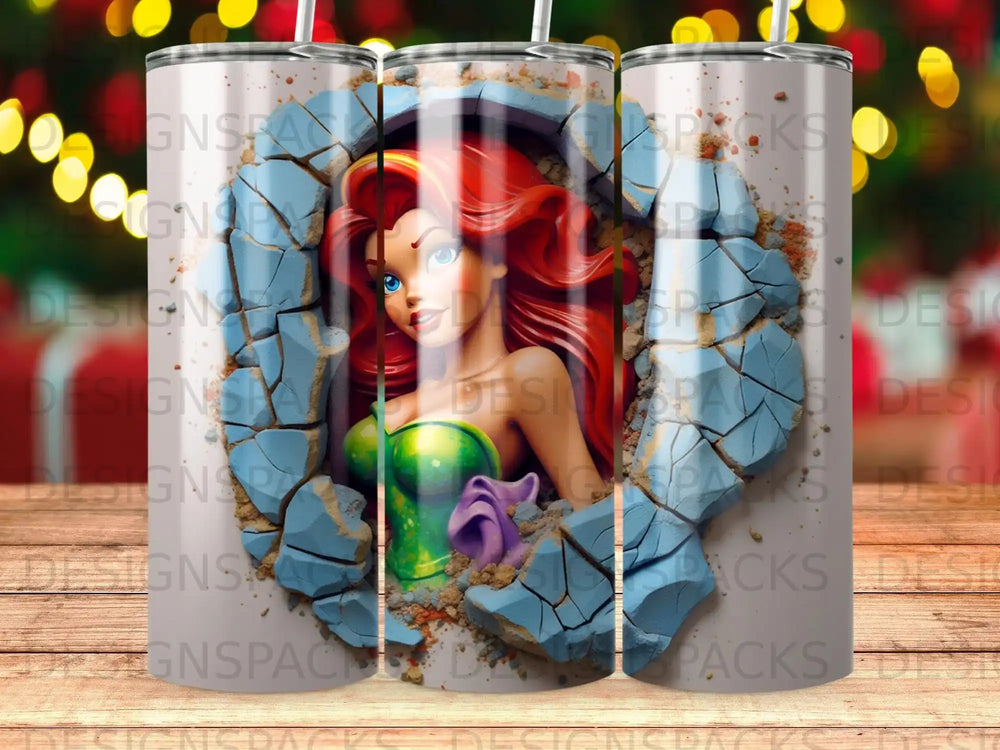 Ariel emerging from a cracked wall, colorful background.