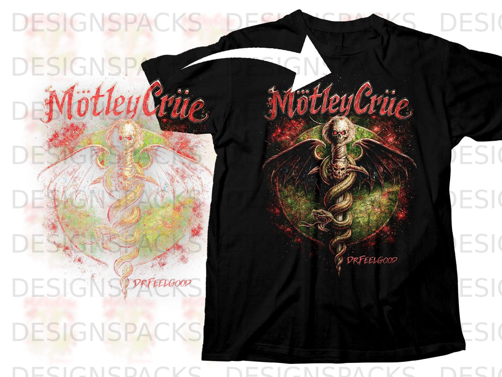 Black t-shirt with Motley Crue logo and winged skull with snake design.